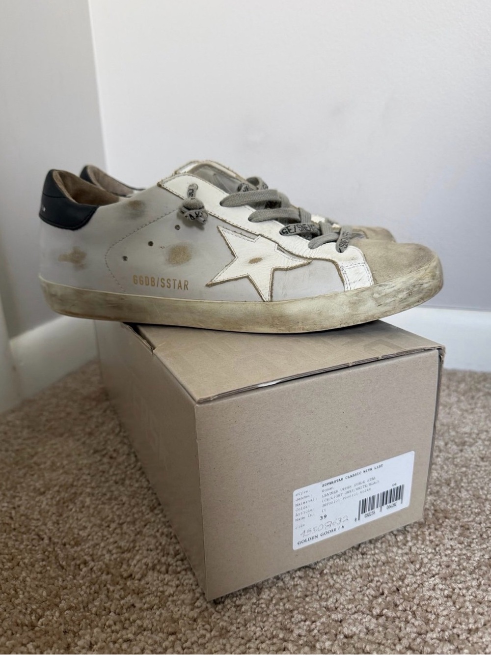 Golden Goose White Leather Sneaker with Black Heel and Gray Laces